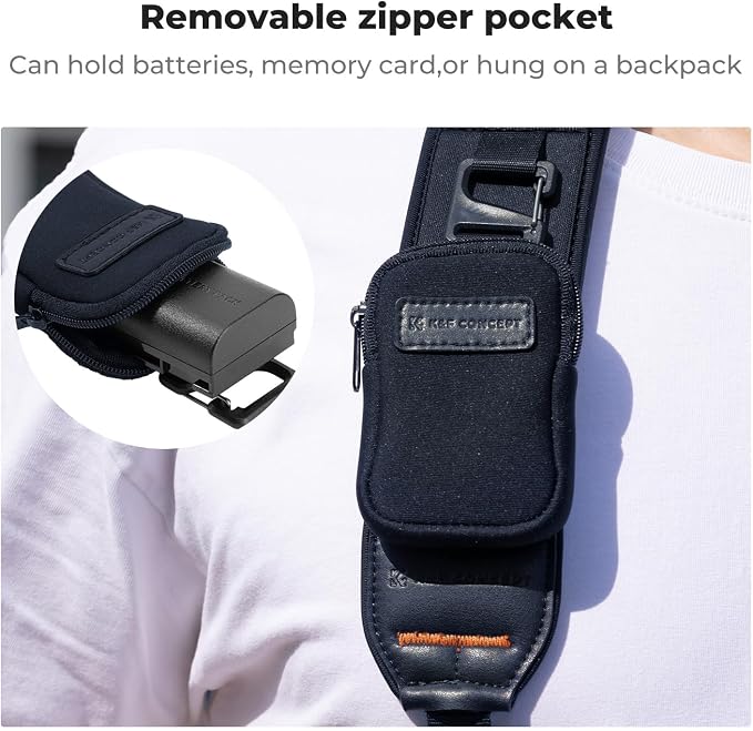 K&F CONCEPT Camera Neck Strap | Soft Neoprene, Adjustable Shoulder Belt, Zipped Pocket, Compatible with Sony/Canon/Nikon/Fuji DSLR SLR Mirrorless - Image 6