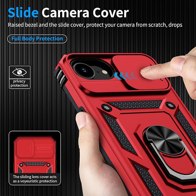 for iPhone 17e Case & iPhone 16e Case with 2X HD Screen Protector & Slide Camera Cover & Rotated Ring Kickstand, Rugged Heavy Duty Protective Phone Case for iPhone 17e/16e 6.1 inch, Red - Image 4