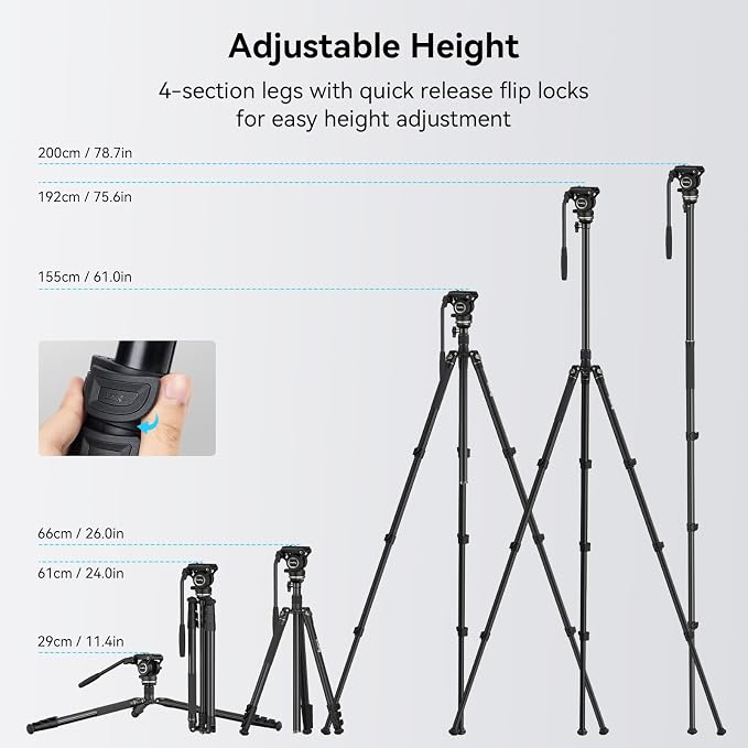 SmallRig CT210 Video Tripod, 75" Video Camera Tripod Monopod with +/-15° Leveling Base Fluid Head, Professional Camera Tripod Compatible with Video Camera, DSLR, Camcorder-4475 - Image 4