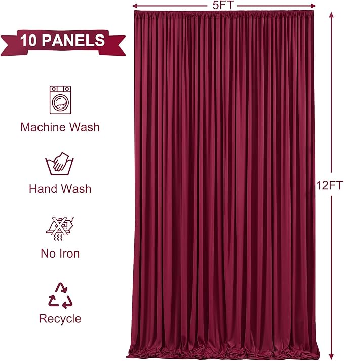10 Panels Burgundy Backdrop Curtains for Wedding Party Wrinkle Free Backdrops Curtain Drapes Fabric Decorations Maroon Photo Back Drop for Baby Shower Photography Stage Reception 50ft(W) x 12ft(H) - Image 5