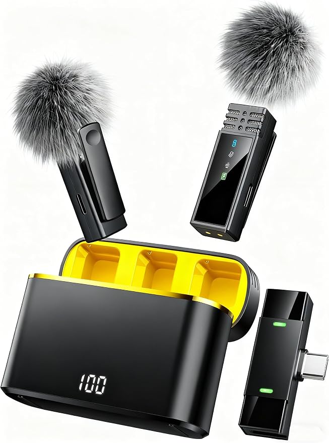 Wireless Lavalier Microphone for iPhone/Samsung/Android, 2 Mics, USB-C Port | 2 Clip-On Mics with Noise Reduction, 34h Using Time with Charging Case, 48kHz Audio 66ft Range for iPhone Video Recording by Ntaanoo