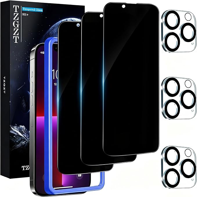 TZGZT Privacy Screen Protectors for iPhone 13 Pro Max, Tempered Glass,HD | 3 Pack, 9H+ Military Grade Shatterproof, Easy Installation, Bubble Free, Case Friendly, Includes Camera Lens Protectors by Unknown