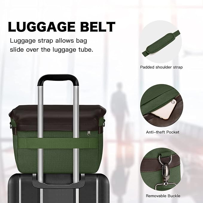 MOSISO Camera Case Crossbody Shoulder Messenger Photography Bag, Army Green | DSLR/SLR/Mirrorless Vintage PU Leather Flap Gadget Bag with Rain Cover Compatible with Canon/Nikon/Sony Camera and Lens - Image 5