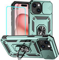 HNHYGETE for iPhone 15 Case with HD Screen Protector: [Military Grade 20ft. Drop Tested] Ring Shockproof Protective Phone Case for - iPhone 15 Dark Green by HNHYGETE