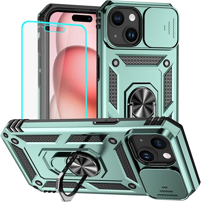 HNHYGETE for iPhone 15 Case with HD Screen Protector: [Military Grade 20ft. Drop Tested] Ring Shockproof Protective Phone Case for - iPhone 15 Dark Green by HNHYGETE