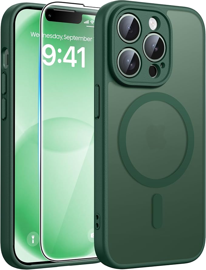 FNTCASE for iPhone 13 Pro Case, Fit for Magsafe, Screen Protector Green | Full Camera Protection, Translucent Matte, 14FT Military Grade Drop Proof, Shockproof Protective Phone Cover, Green by FNTCASE