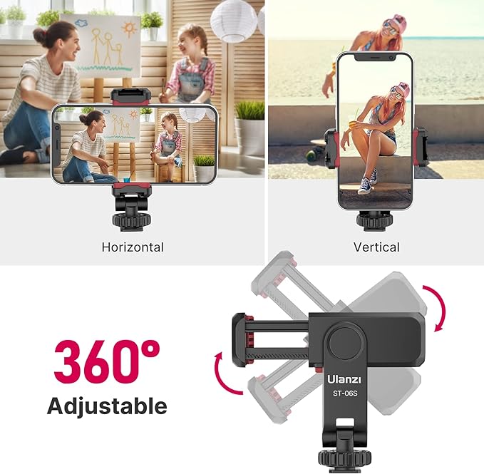 ULANZI ST-06S Phone Tripod Mount, Universal Phone Mount w 2 Cold Shoe | 1/4" Screw, 360° Rotates 180° Tilts, Adjustable Cellphone Clip Clamp Holder for Tripod, Camera, iPhone 17/16/15, Android - Image 2