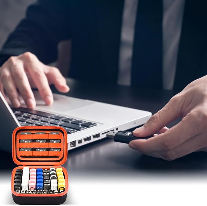 Comecase USB Flash Drive Case, Holds 44 USB Drives and 9 SD Cards | Pre-Cut Foam Fits Mixed Drive Sizes Flash Drive; EVA Shell Protects Data on the Go, Black+Orange Zipper, Large, Case Only - Image 6