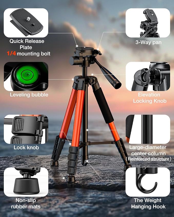 73" Camera Tripod, Aluminum Travel Tripod for Camera & Phone, Orange | DSLR Tripod with Phone Holder, Quick Release Plate, Travel Bag, Compatible with GoPro Camcorder, 8.8 lbs Load - Image 6