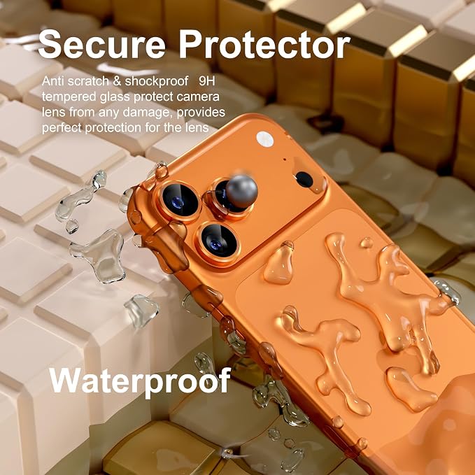 Misea Compatible for iPhone 17 Pro/iPhone 17 Pro Max Camera Lens Protector | 9H Tempered Glass Ultra HD Bling Camera Screen Protector Cover Metal Individual Ring Decoration Accessories, Orange - Image 3