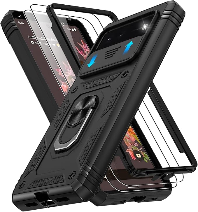 Gritup for Google Pixel 6 Case: Pixel 6 Case with 2*Screen Protector | Magnetic Stand & Slide Camera Cover | Shock Proof Military-Grade Funda para Google 6 Cover -Black by Gritup