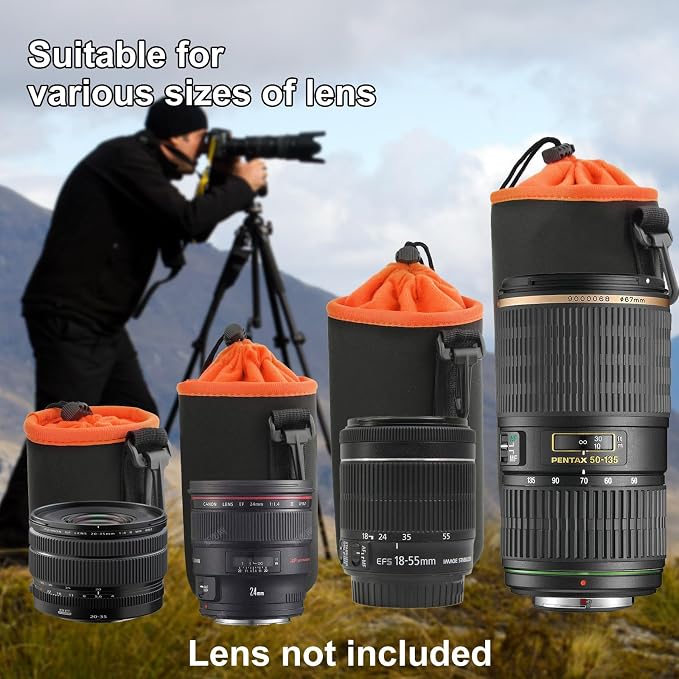 4Pcs Camera Lens Case Bag,4 Size Orange Water Resistant Protective Lens Pouch Set With Adjustable Drawstring Rotating Clamp,Replacement Compatible Thick Protective Neoprene for Canon,Nikon,Sony,Pentax - Image 6