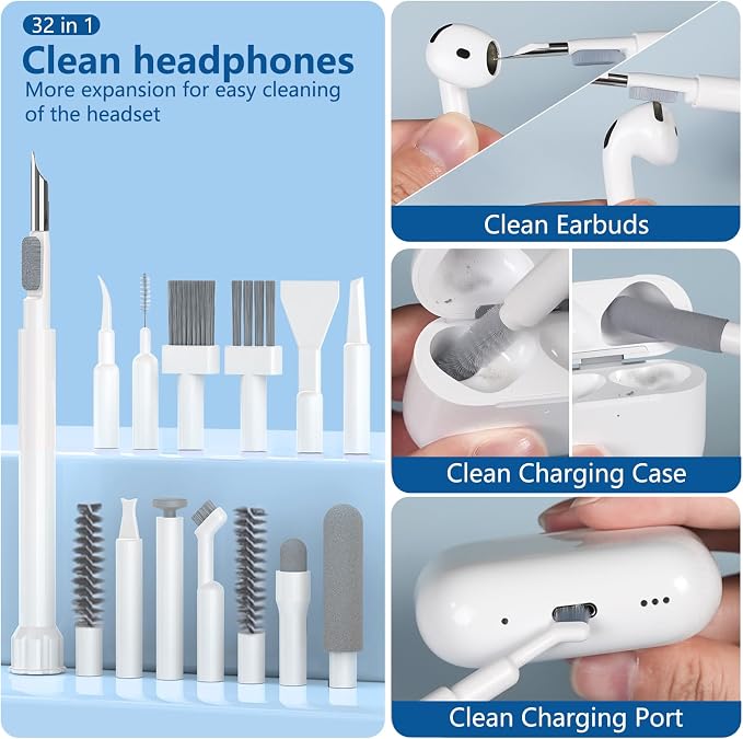 Inesore 32 in 1 Phone Cleaning Kit for iPhone AirPods MacBook Earbuds-White | Full Set of Multi-Size Tips, Wide Application, All-in-One Layered Storage, Tidy Accessory Storage, Dual Wet & Dry Clean Modes - Image 3