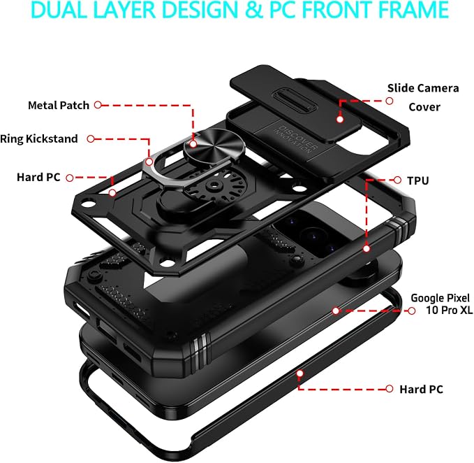 Case for Google Pixel 10 Pro XL/Pixel 9 Pro XL, with 3 Pcs Tempered Glass Screen Protector Built in Ring Stand Kickstand + Camera Cover, Hard PC Soft TPU Defender Full Body Protective Case - Black - Image 6