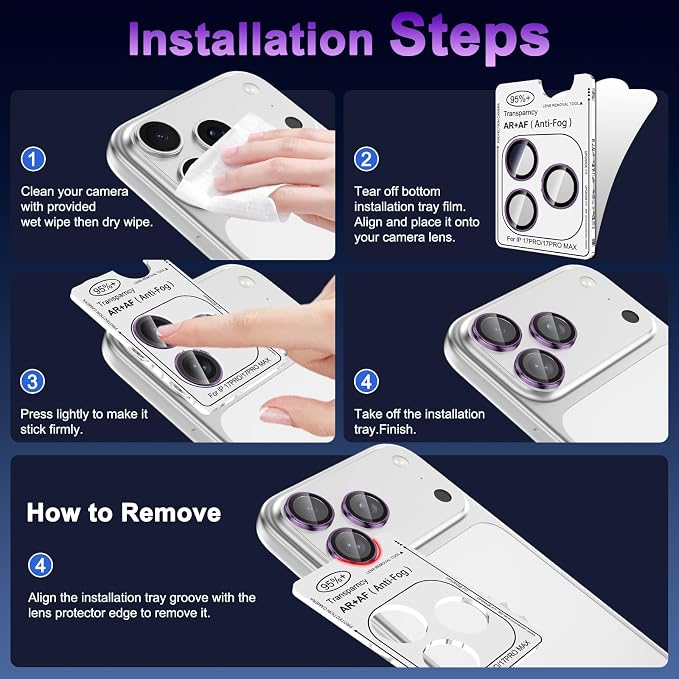 Meshine for iPhone 17 Pro/17 Pro Max Camera Lens Protector,Scratch Proof,Strong Adsorption,9H Hardness with Metal Ring Camera Cover,Ultra Thin Case Friendly, Accessories Lens Protector,Deep Purple - Image 7