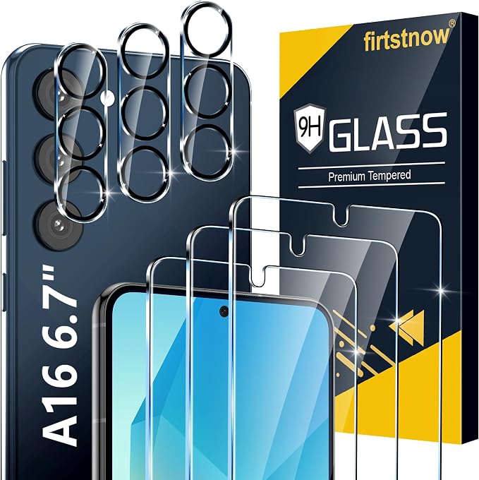 firtstnow 3 Pack for Samsung Galaxy A16 5G Screen Protector Tempered Glass + 3 Pack Camera Lens Protector, Military Grade Shatterproof, 9H Hardness, Fingerprint Unlock, Case Friendly 6.7 Inch by Unknown