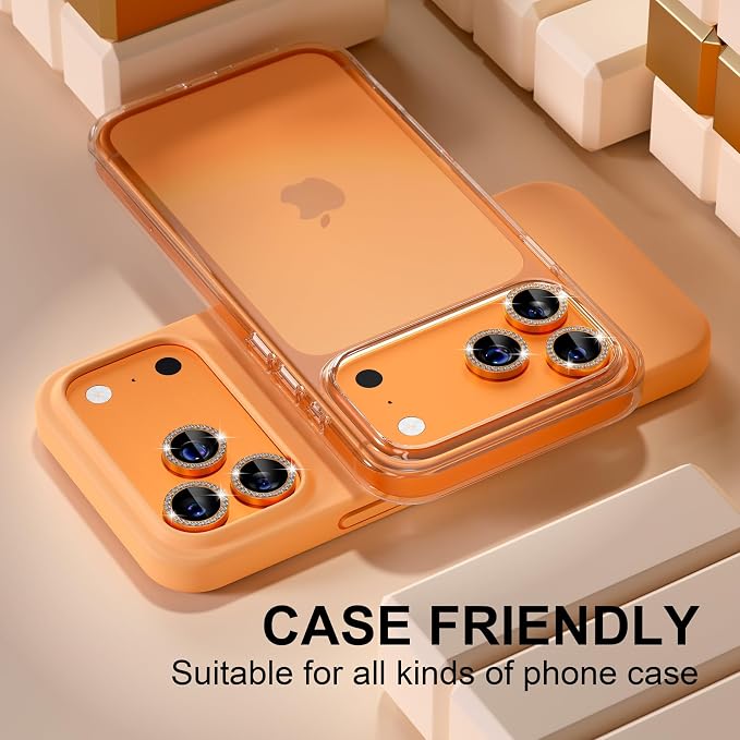 Misea Compatible for iPhone 17 Pro/iPhone 17 Pro Max Camera Lens Protector | 9H Tempered Glass Ultra HD Bling Camera Screen Protector Cover Metal Individual Ring Decoration Accessories, Orange Diamond - Image 5