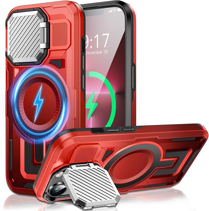 Camera Stand Case for iPhone 13 Pro, [Compatible with MagSafe] [Lens Cover] 2024 Version Military Grade Protective Soft Case for iPhone 13 Pro 6.1 inch Men Women, Red by WASTROYAL