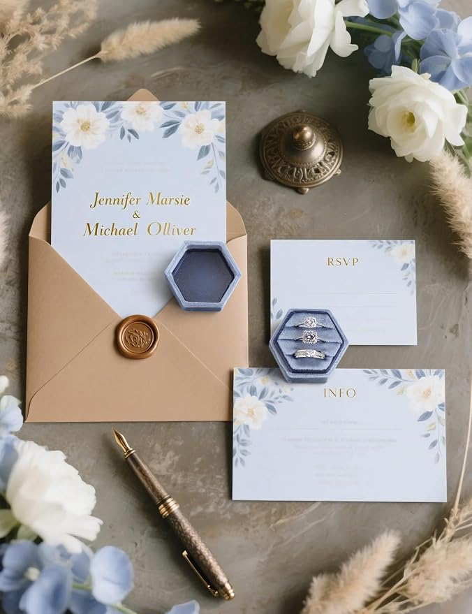 MFXIP Velvet 3 Slots Jewelry Ring Box Engagement Wedding Box Keepsake Box Bridal Photo Ring Triple Slots Hexagon - Image 4