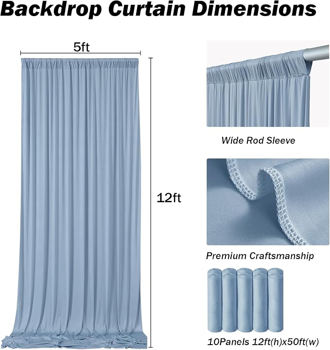 50x12 ft Dusty Blue Backdrop Curtains for Weddings, Birthdays and Photos | 10 Panels 5x12 ft, Wrinkle-Free Polyester Drapes, Washable, Ironable, 4 in Rod Pocket for Baby Showers Photography Background - Image 5