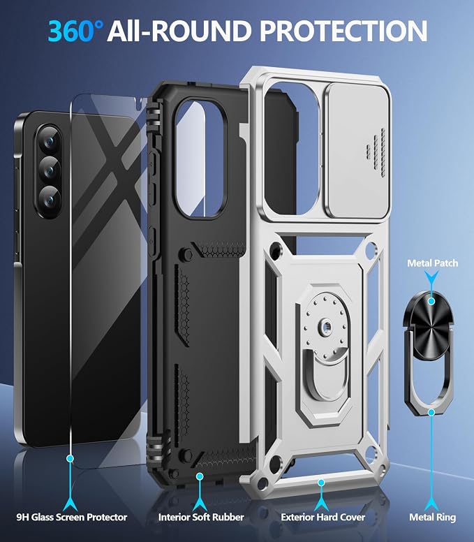 Taisairu for Samsung Galaxy A37 Case/A36 Case with Screen Protector & Slide Camera Lens Cover, Built-in Ring Stand Shockproof Protective Case for Samsung A37 5G Case/Samsung A36 5G Case (Silver) - Image 2
