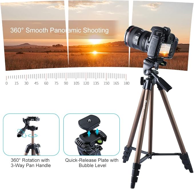 Endurax 60'' Tripod for Camera Canon Nikon DSLR, Camera Phone Tripod with Universal Holder, Carry Bag, Max. Load 6.6 lbs | 360° Pan Head, Universal Phone Holder & Carry Bag; Lightweight Aluminum for Easy Travel - Image 4