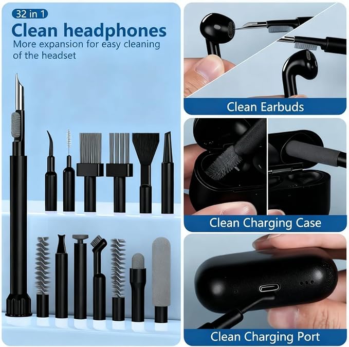 Inesore 32 in 1 Phone Cleaning Kit for iPhone AirPods MacBook Earbuds-Black | Full Set of Multi-Size Tips, Wide Application, All-in-One Layered Storage, Tidy Accessory Storage, Dual Wet & Dry Clean Modes - Image 3