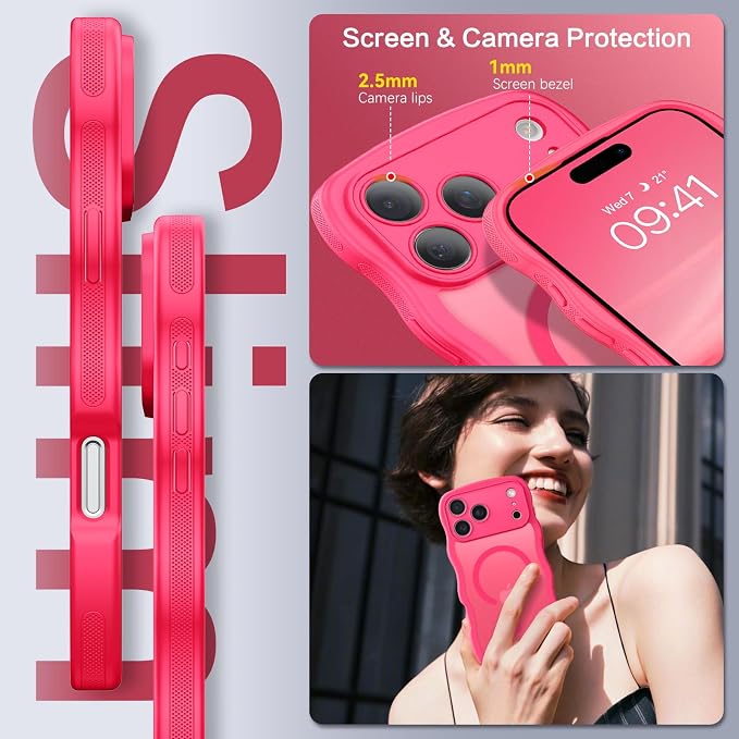 BENTOBEN Magnetic for iPhone 17 Pro Case, Cute Wavy Full Camera Protection [Compatible with MagSafe] Matte Anti-Slip Bumper Women Girls Boys Protective Cover for 17 Pro 6.3", Hot Pink - Image 6