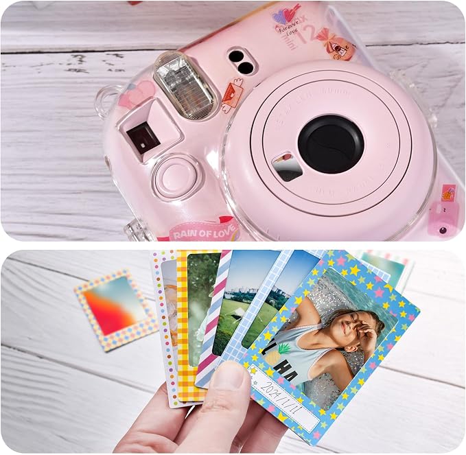 Rieibi Instax Mini 12 Accessories Gift Bundle: Clear Case with Strap, Photo Album, Selfie Mirror, Color Filters, DIY Stickers - Pink - Image 6