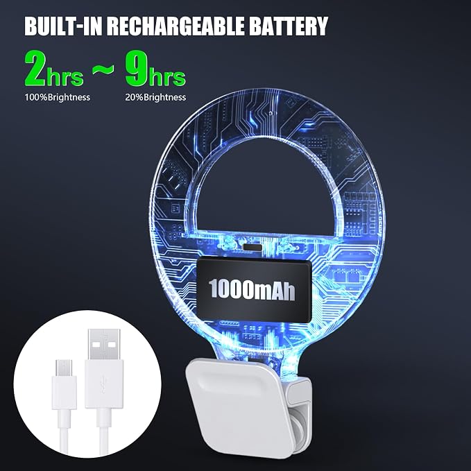 Diyife Selfie Ring Light, 60 LED Rechargeable Selfie Light for Phone | 360° Rotation 1000mAh 10 Level Brightness Portable Phone Clip on Light for Laptop, Makeup, Vlog, TikTok, Video Recording - Image 3