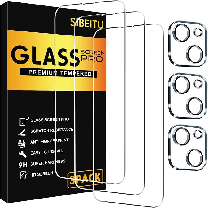 SIBEITU 3+3 Pack Screen Protector for iPhone 13 6.1 Inch Tempered Glass | 3 Pack Screen + 3 Pack Camera Lens Protector, HD Clear 9H Hardness, Scratch Resistant, Sensor Protection, Case Friendly by SIBEITU