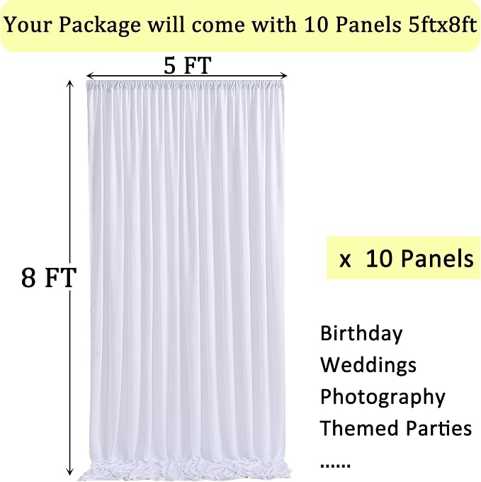 50ft x 8ft Wrinkle Free White Backdrop Curtains for Parties, 10 Panels 5ftx8ft Polyester Photo Backdrop Drapes for Weddings Birthday Photography Background Curtains - Image 5