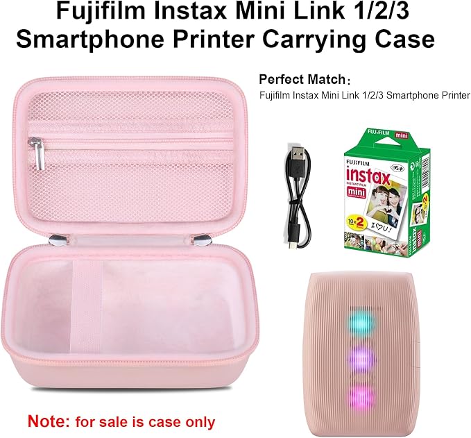 Elonbo Carrying Case for Fujifilm INSTAX Mini Link 3/2/1 Smartphone Printer | Portable Color Instant Photo Printer Hard Travel Protective Bag, Interior Mesh Pocket fits Instant Film Printer Paper, Pink - Image 2