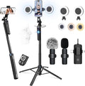 71" Content Creator Essentials Vlogging Kit - 2 Lights & 2 Mics | 360° Rotating Auto Face Tracking Tripod for iPhone/Android/Camera with Wireless Remote, No App for Vlog, Live, Video Record by DMYWB