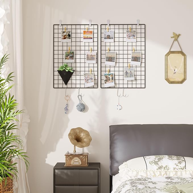 C&AHOME Photo Wall Display Set of 2, Wall Grid Panel, 17.7" x 25.6", Black | Photo Display Shelves, Wall Storagae Organizer, Grid Panel, Hooks, Clips, Hemp Cord, Hammer - Image 8
