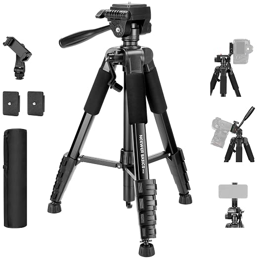 NEEWER Basics TP56 Camera Tripod, 74" Tripod with Cell Phone Holder Mount | Compatible with iPhone for Video Recording, Professional Aluminum Lightweight Portable Travel Stand, 3 Way Pan Tilt Head by Neewer