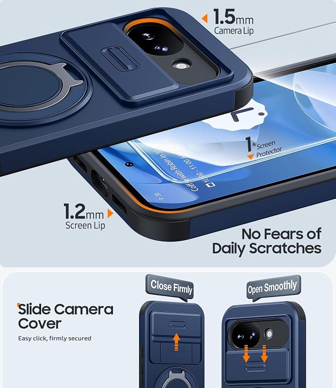 JAME for Google Pixel 10A Case with Ring Stand & Slide Camera Cover Blue | Ring Holder Kickstand, Screen Protectors, Dual-Layer Shockproof Protective, Magnetic Accessory Friendly Phone Case, Blue - Image 5