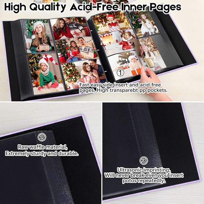Aevdor Large Capacity 4x6 Photo Album, 1000 Photos, Linen Cover, Purple | Black Inner Pages, 3 Horizontal and 2 Vertical Pockets per Side, Front Photo Window, Family, Wedding & Travel Memories - Image 8