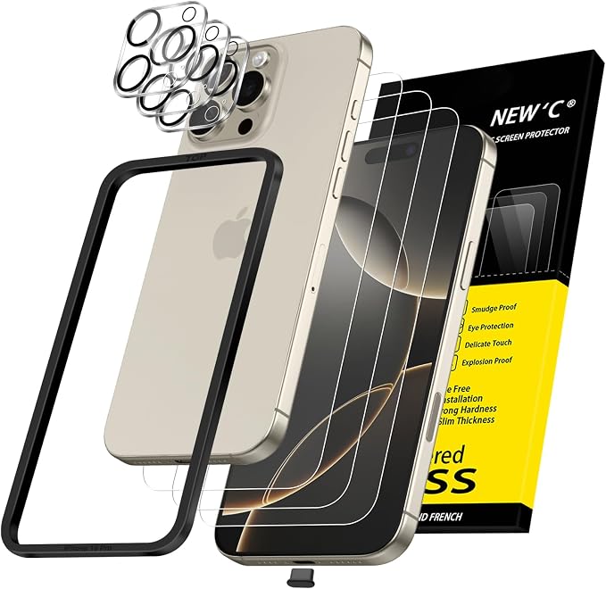 NEW'C 3x for iPhone 16 Pro Screen Protector (6.3 inches)+ 3x Camera Lens Protector, Sensor Protection, Case Friendly Tempered Glass Film + Dust Plug- Easy installation tool include by NEWC