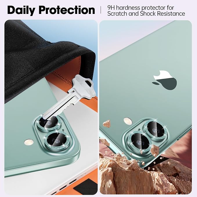 for iPhone 16/16 Plus Camera Lens Protector Bling Glitter, Green | Individual Metal, 9H Hardness, Scratch Resistant, Shockproof, Drop Protection, Case Friendly, Stylish Accessories - Image 3