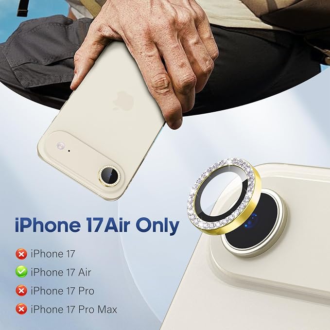 for iPhone 17 Air Camera Lens Protector Cover Bling Diamond, Gold | Individual Metal, 9H Hardness, Scratch Resistant, Shockproof, Drop Protection, Case Friendly, Stylish Accessories - Image 2