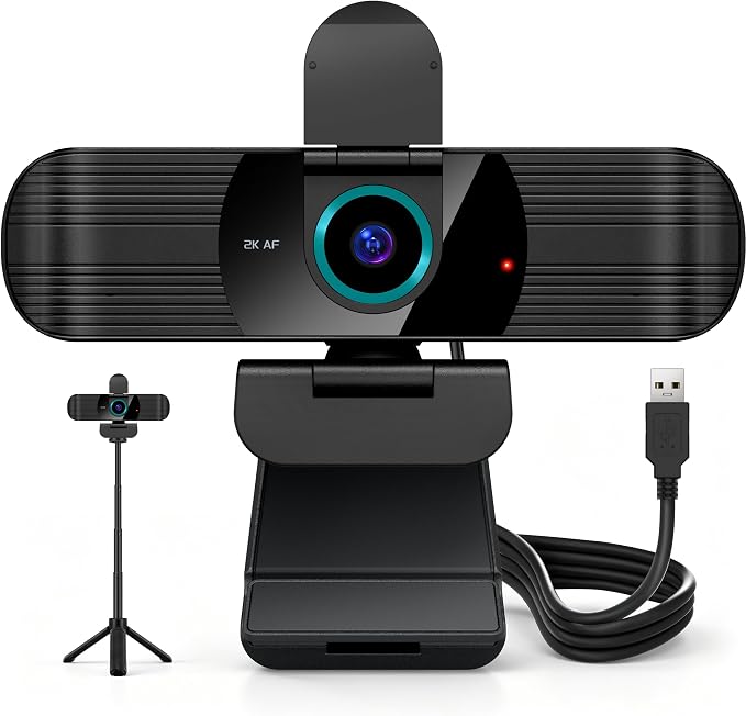 Pro QHD 2K/60fps Webcam with Tripod, External USB Camera for PC/Laptop | Dual noise-cancelling mics | Auto-focus | Wide-angle | Low-light correction | 360° rotation | CMOS sensor | Plug and Play by RUWBY