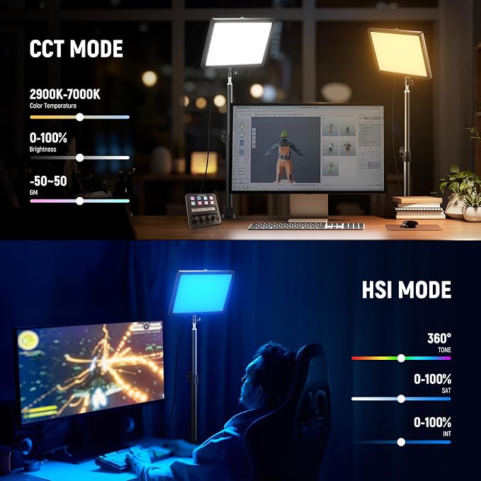 NEEWER GL25C LED RGB Streaming Key Light, APP/PC Control 25W 2500Lux/0.5m 2900K-7000K CRI95+/TLCI97+ Full RGB Dimmable Edge Emitting Silent Webcam Video Light with Desk Stand - Image 2
