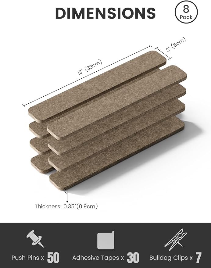 Fluxynara 13" x 2" Felt Wall Panels, Earth Brown | 8-Pack Includes 50 Push Pins and Adhesive Tabs for Photos, Notes and Decor in Bedroom Doors, Home Office or Studios - Image 2