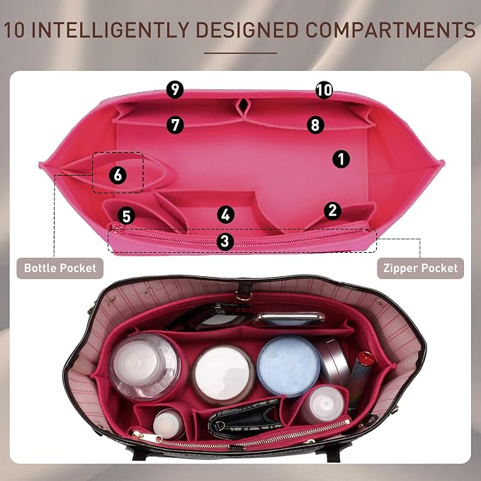Doxo Purse Organizer Insert for Handbags & Base Shaper 2pc Set, Felt Neverfull PM Organizer Insert, Tote Bag Organizer with Zipper Pocket and Bottle Holder, Fit Neverfull PM and More, Rose-M - Image 4