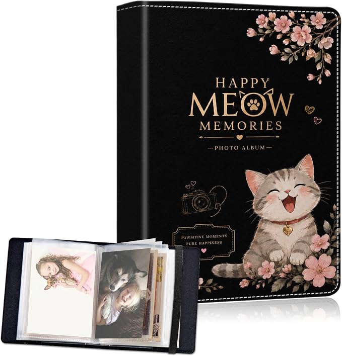 DEGDFSGR 5x7 Small Photo Album, 60 Pockets Holds 120 Photos | Slip-in pockets, black elastic band, portable for family, wedding, baby, travel photos, Tabby Cat Pink Cherry Blossom by Unknown