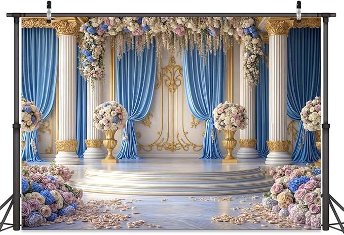 9X6ft Luxurious Blue and White Floral Backdrop for Photography Castle Palace Wedding Party Decortion Elegant Flowers Backdrop Wedding Birthday Party Decorations Bridal Shower Backdrops Studio Props - Image 6