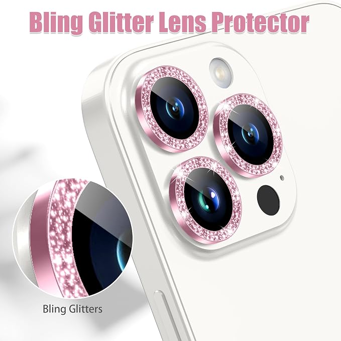 AGVEE 3+3 6 Pack for iPhone 15 Pro & Max Camera Lens Protector Cover | Individual Bling Diamond & Bling Glitter Sparkle Cute Gem Metal Ring, 9H Tempered HD Glass - Image 5