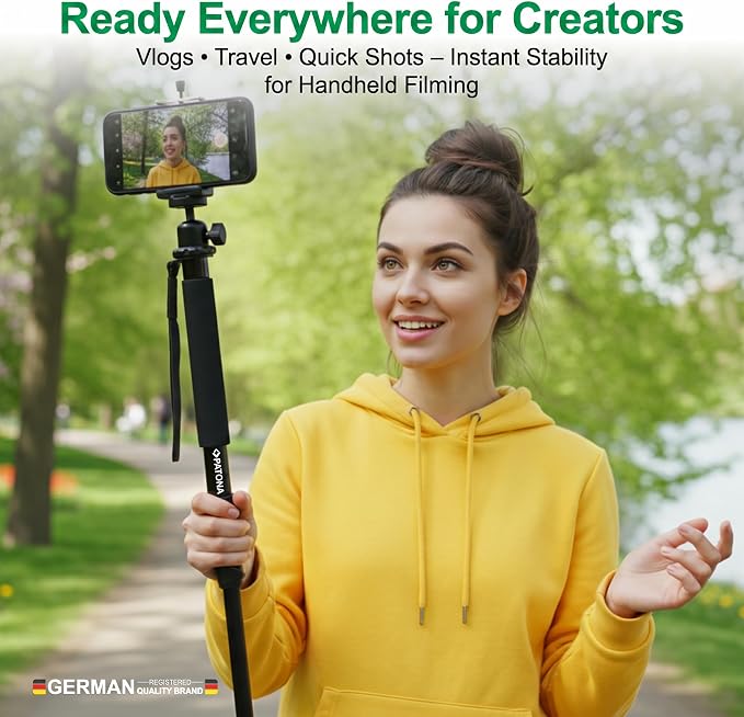 PATONA Premium Telescopic 155cm Camera Monopod | Aluminum Camera Pole | Gezi One Travel Monopod, 1/4" & 3/8" Thread Mount, Light Weight Design, Includes Carrying Bag - Image 5