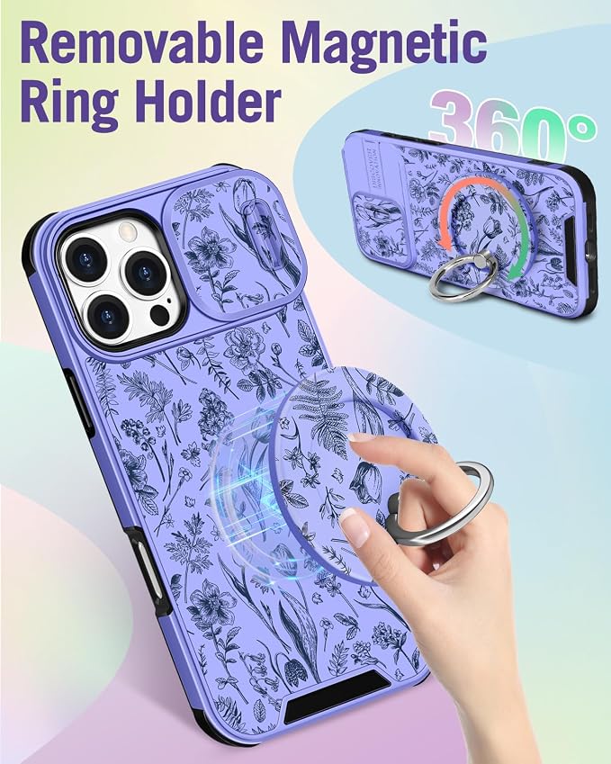 Buleens for iPhone 16 Pro Case 6.3 Inch - with Ring Stand & Camera Cover Aesthetic Cute Designed for Women Girls Teens Kawaii Flowers Floral Phone Case for iPhone 16 Pro Compatible with Magsafe - Image 5